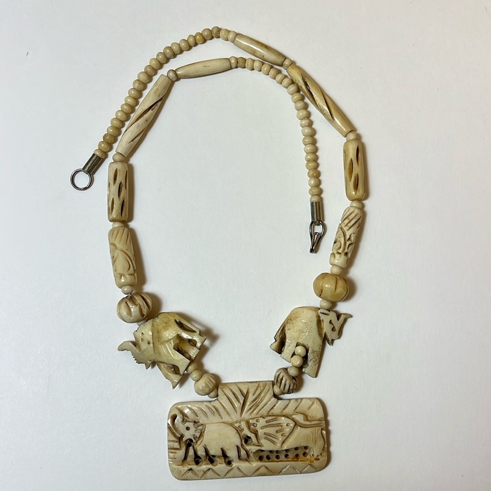 Vintage Carved Bone Elephant Lion Pendant Necklace